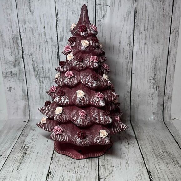 Gorgeous Burgundy Handmade Hand Crafted Christmas tree Accented with Roses 11” - Picture 5 of 8